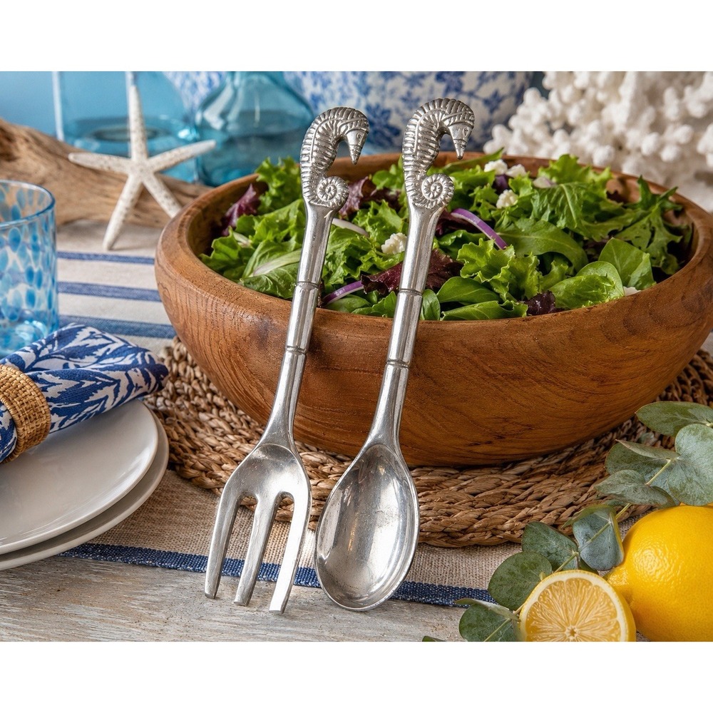 Aluminum/Pewter‎ Seahorse Salad Serving Set Spoon Fork Coastal Nautical VTG